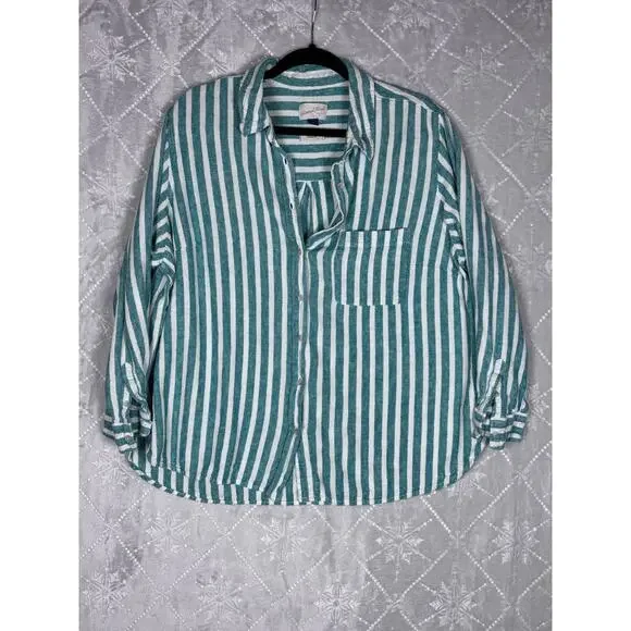 Universal Thread XXL Linen Blend Striped Button Down Shirt Green White Relaxed - Picture 5 of 10